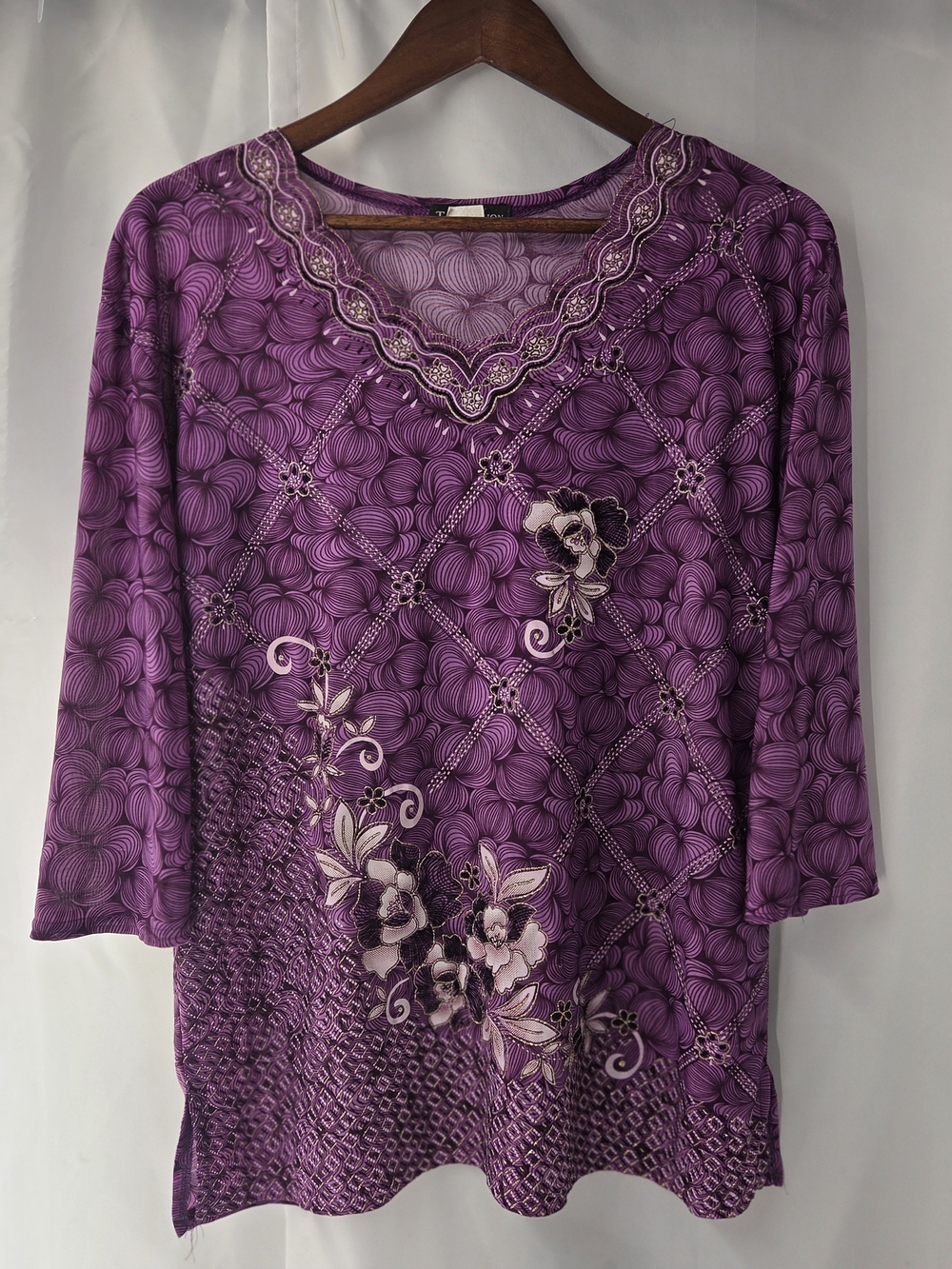 T.C. Fashion Whimsigoth Gold Purple Floral Beaded Tunic Blouse Lagenlook Fairy
